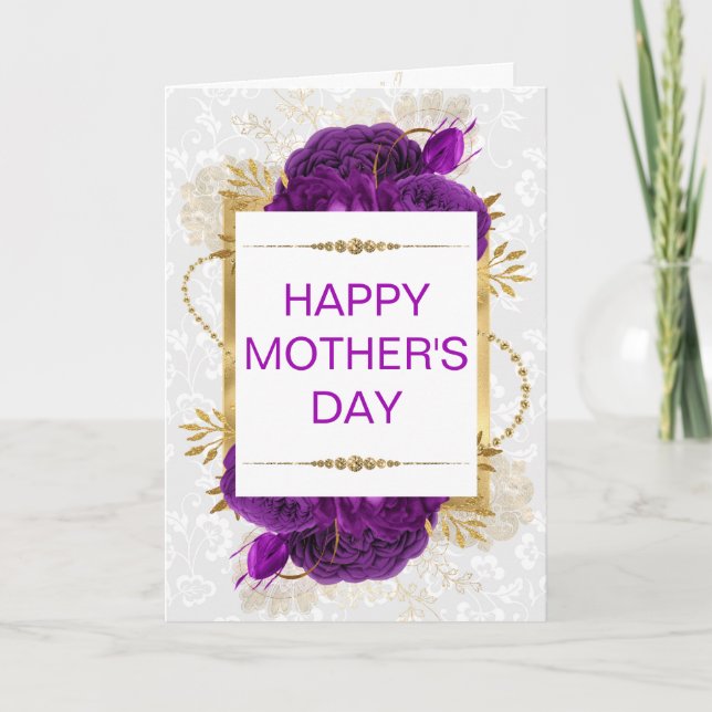 Dark Purple Roses & Gold Glitter Mother's Day Card (Front)