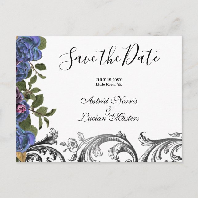 Dark Purple Roses Save the Date Announcement Postcard (Front)