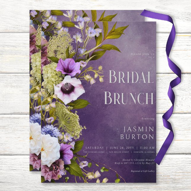 Dark Purple & Sage Floral Modern Bridal Brunch Invitation (Dark Purple & Sage Floral Modern Bridal Brunch Invitation)
