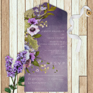 Dark Purple & Sage Green Floral Modern No Dinner All In One Invitation