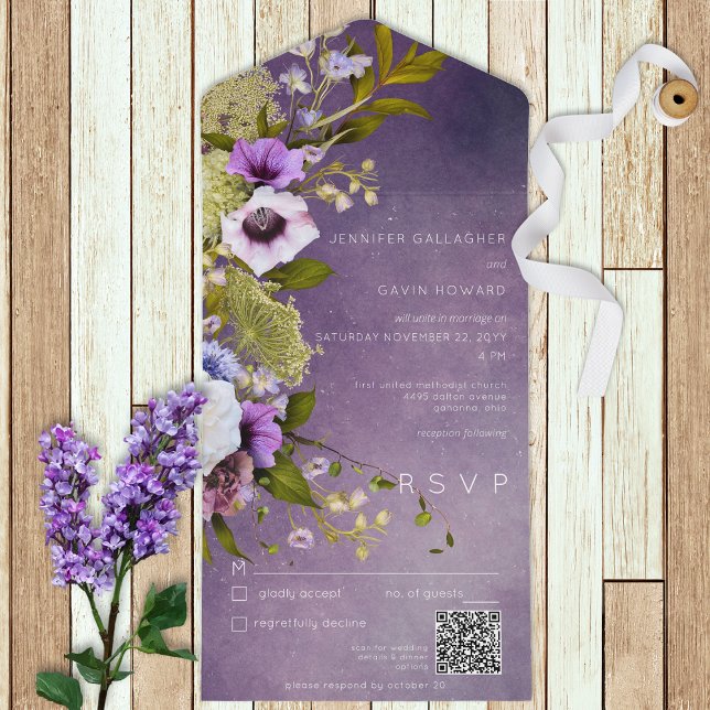 Dark Purple & Sage Green Floral Modern QR Code All In One Invitation (Creator Uploaded)