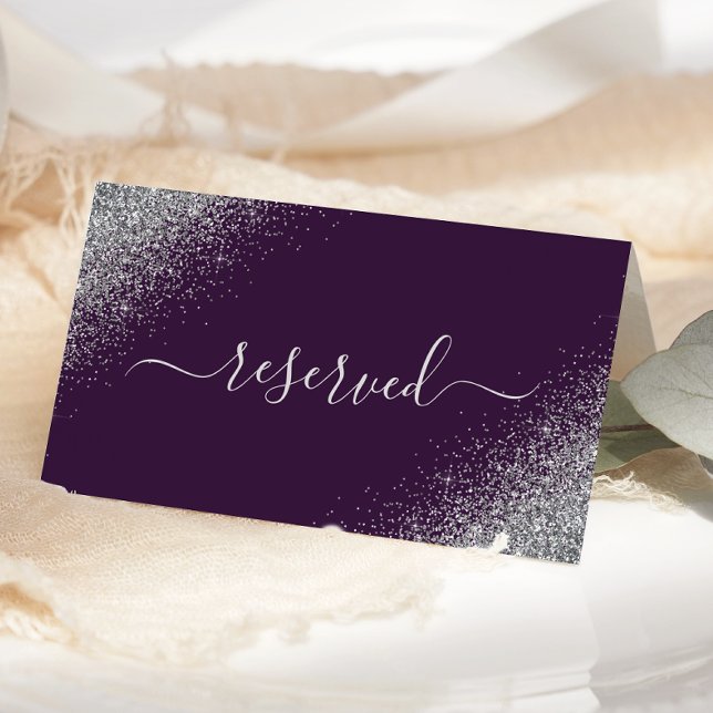 Dark Purple Silver Glitter Reserved Wedding Place Card (Creator Uploaded)