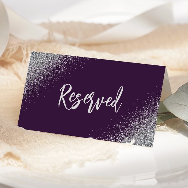 Dark Purple Silver Glitter Reserved Wedding Place Card (Creator Uploaded)