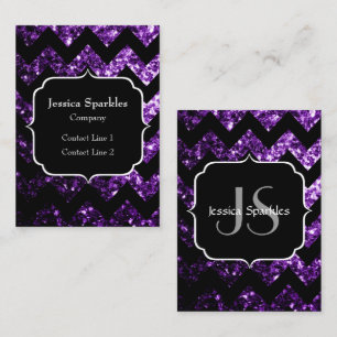 Dark Purple sparkles black Chevron Monogram Business Card