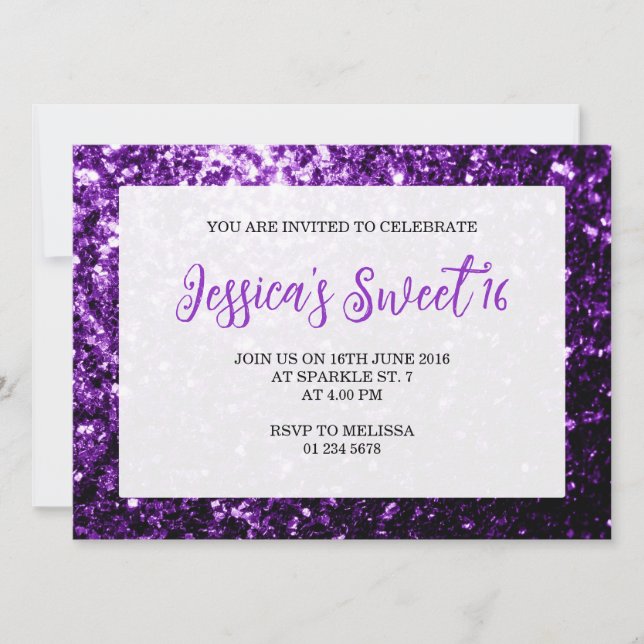 Dark purple sparkles Sweet 16 elegant script Invitation (Front)
