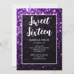 Dark purple sparkles Sweet 16 elegant script Invitation