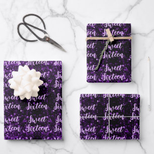Dark purple sparkles Sweet 16 script pattern Wrapping Paper Sheet
