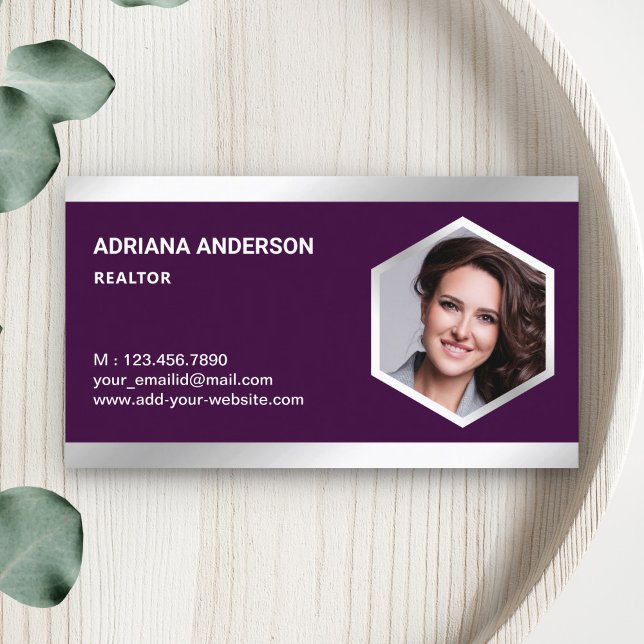 Dark Purple Steel Silver Real Estate Photo Realtor Business Card (Creator Uploaded)