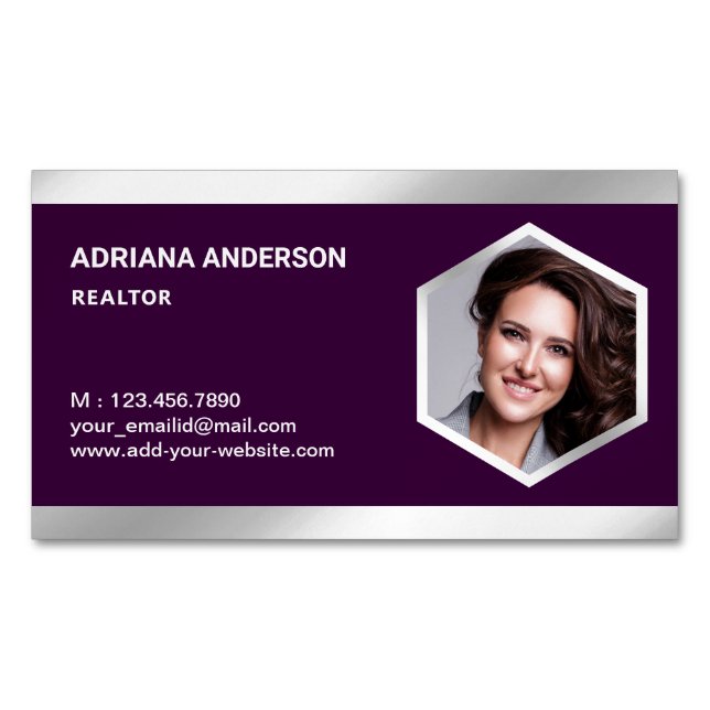 Dark Purple Steel Silver Real Estate Photo Realtor Magnetic Business Card (Front)