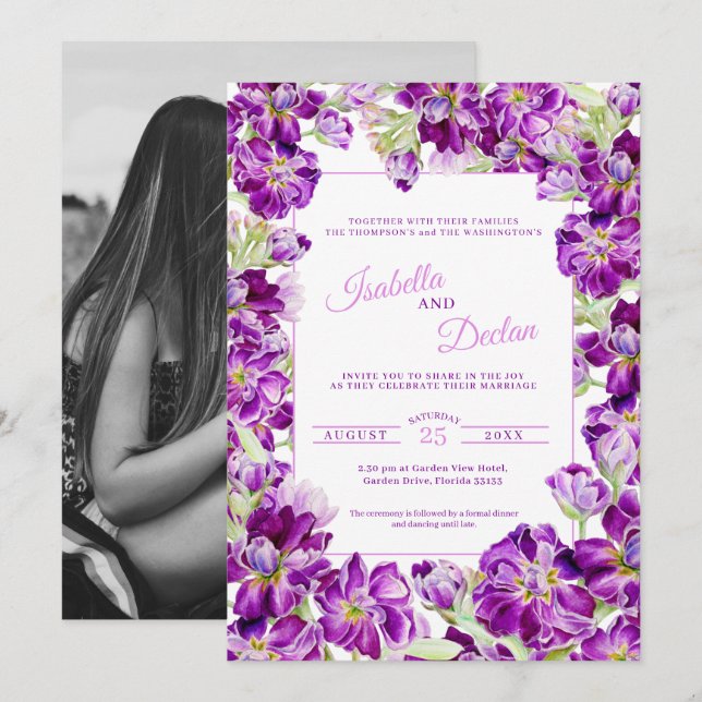 Dark purple stock floral frame watercolor wedding  invitation (Front/Back)