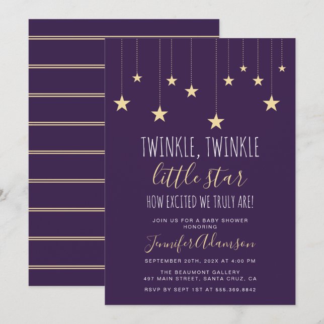 Dark Purple Twinkle Little Star Baby Shower Invitation (Front/Back)