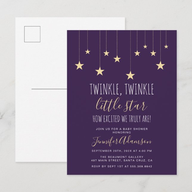 Dark Purple Twinkle Little Star Baby Shower Invitation Postcard (Front/Back)