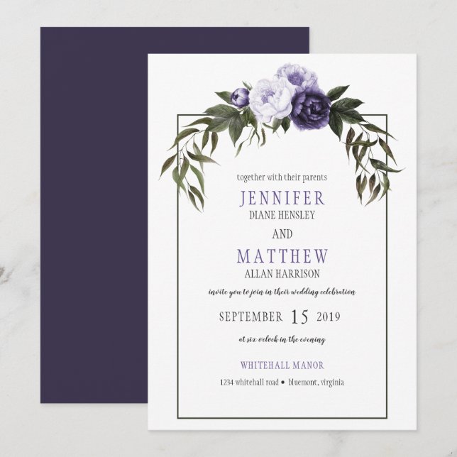 Dark Purple Violet Peonies Watercolor Weddings Invitation (Front/Back)
