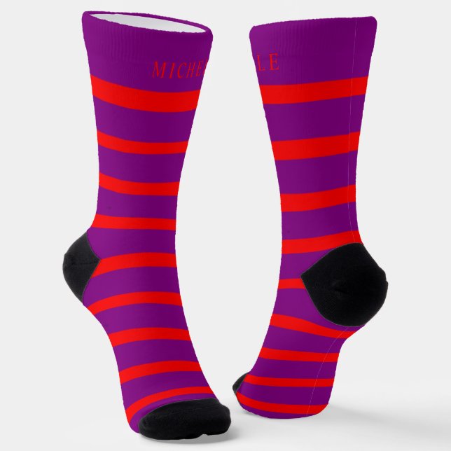 Dark Purple Violet Red Lines Striped Custom Name  Socks (Angled)