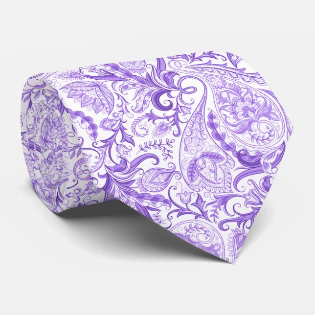 Dark Purple Violet White Floral Paisley Pattern Tie (Rolled)