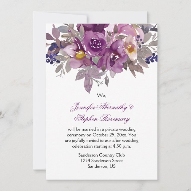Dark Purple Watercolor Floral Reception Only Invitation (Front)