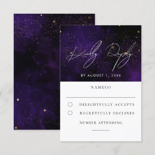 Dark Purple Watercolor Magical Gold Wedding RSVP
