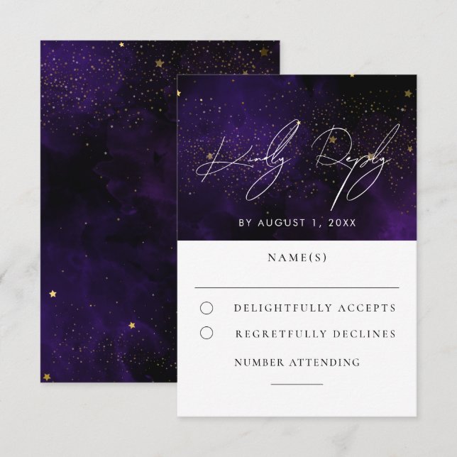 Dark Purple Watercolor Magical Gold Wedding RSVP Card (Front/Back)