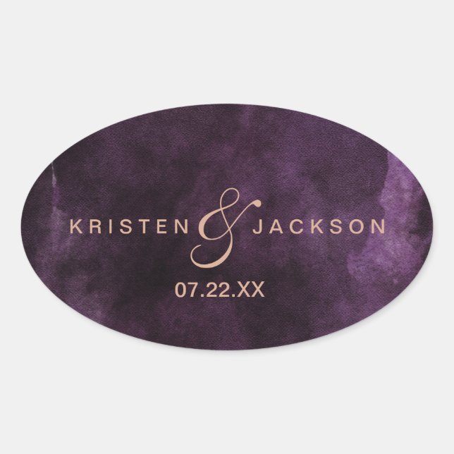 Dark Purple Watercolor Rose Gold Monogram Wedding Oval Sticker (Front)