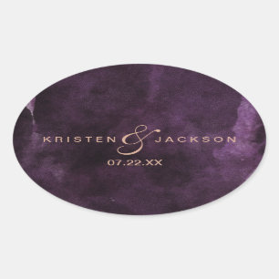 Dark Purple Watercolor Rose Gold Monogram Wedding Oval Sticker