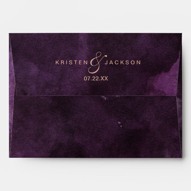 Dark Purple Watercolor Rose Gold Wedding Monogram Envelope (Back (Top Flap))