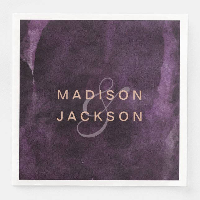 Dark Purple Watercolor Rose Gold Wedding Monogram Napkin (Front)