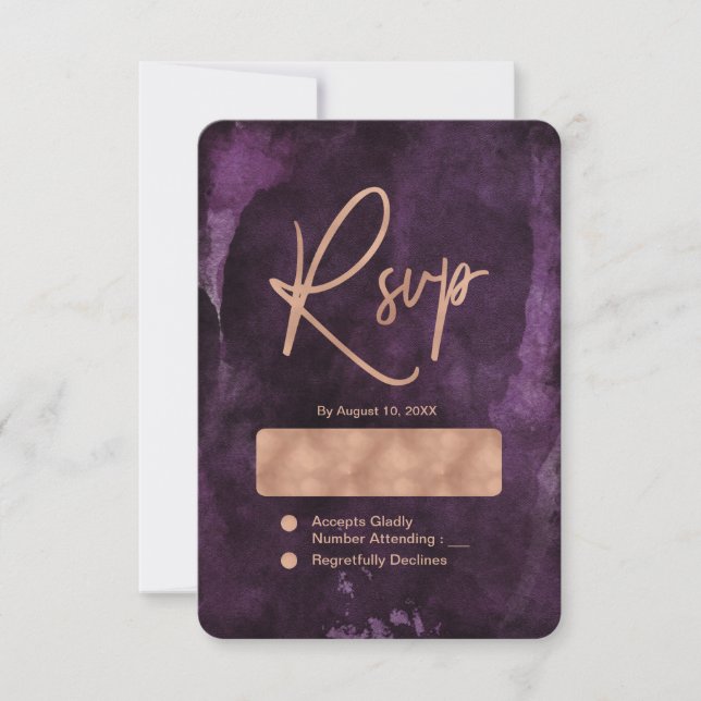 Dark Purple Watercolor Rose Gold Wedding RSVP (Front)