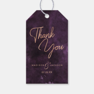 Dark Purple Watercolor Rose Gold Wedding Thank You Gift Tags