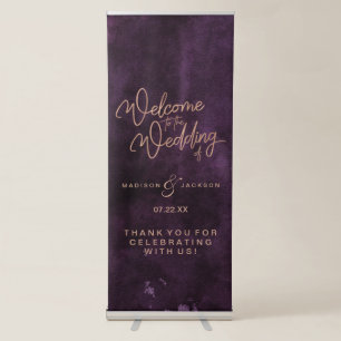 Dark Purple Watercolor Rose Gold Wedding Welcome Retractable Banner