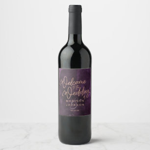 Dark Purple Watercolor Rose Gold Wedding Welcome Wine Label