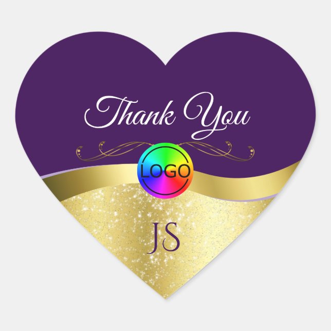 Dark Purple Wavy Gold with Logo Monogram Thank You Heart Sticker (Front)