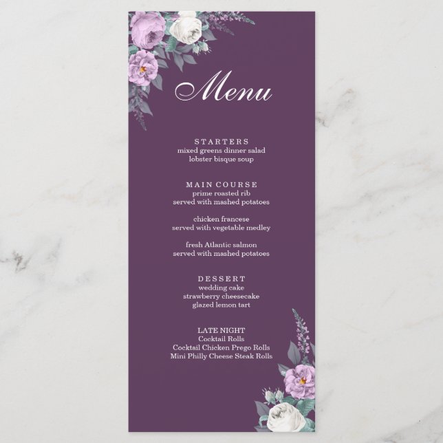 Dark Purple Wedding Menu Card (Front)
