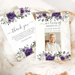 Dark Purple White Floral Photo Funeral Memorial Thank You Card