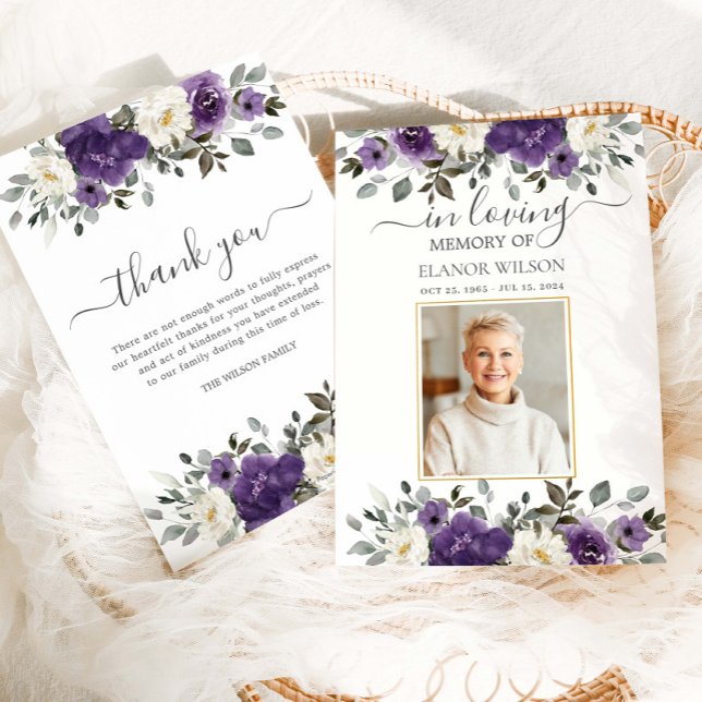 Dark Purple White Floral Photo Funeral Memorial Thank You Card (Creator Uploaded)