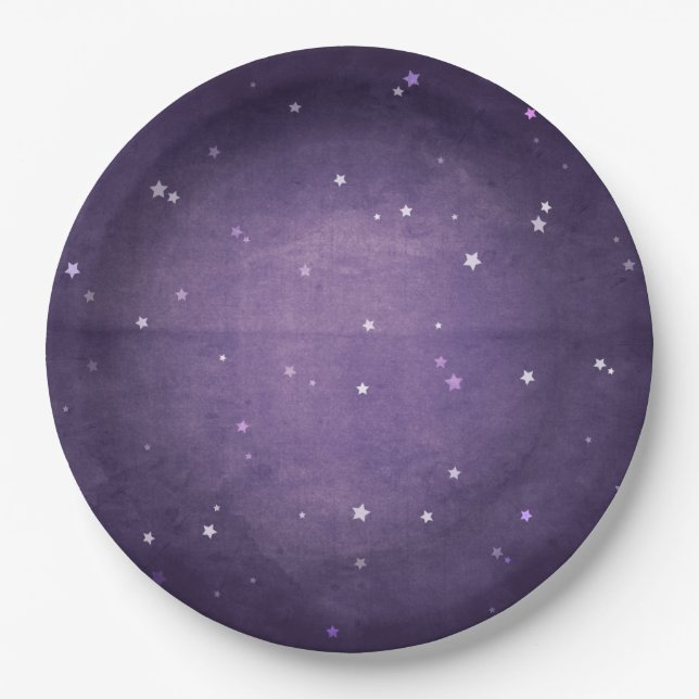 Dark Purple & White Magical Stars Halloween Party Paper Plate (Front)