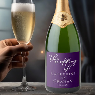 Dark Purple White Typography Personalised Wedding Sparkling Wine Label