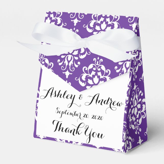 Dark Purple White Vintage Damask Pattern Favour Box (Front Side)