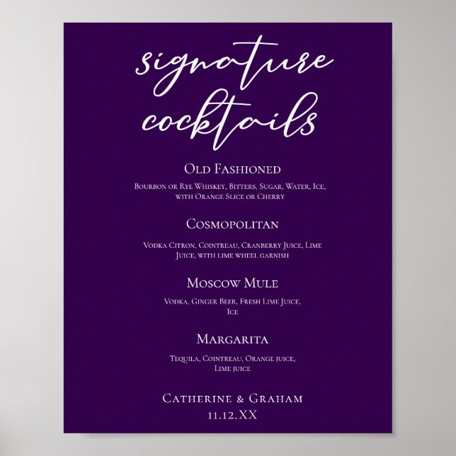 Dark Purple White Wedding Signature Cocktails Menu Poster (Front)