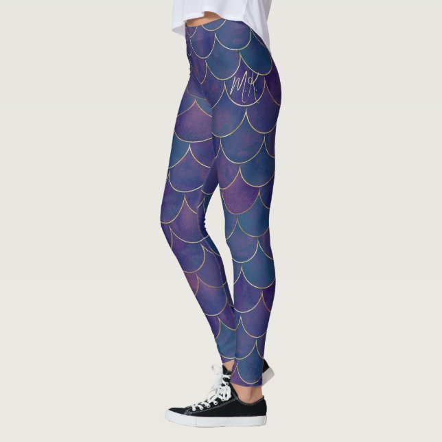 Dark Purple with Gold Scales Monogram Mermaid  Leggings (Left)