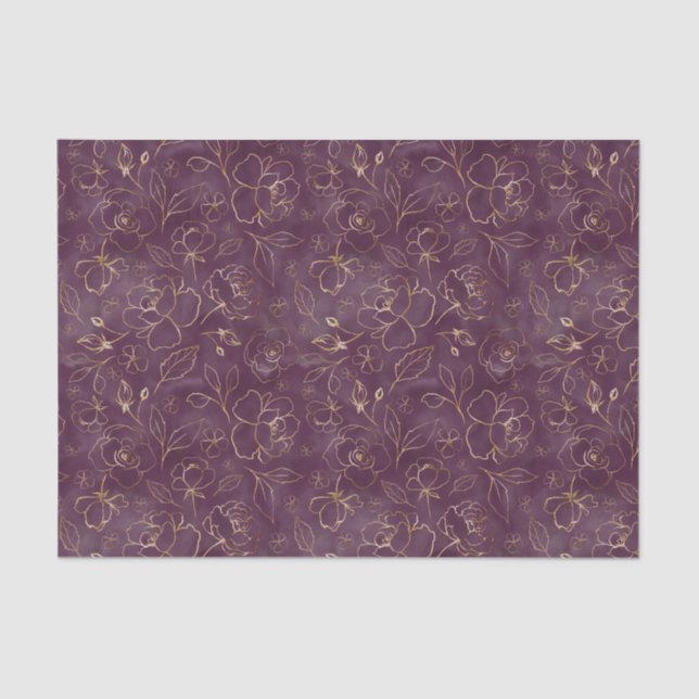 Dark Purple with Gold Sketched Roses Tissue Paper (Front)