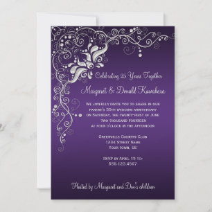Dark Purple with Ornate Silver Floral Swirls 25th Invitation