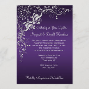 Dark Purple with Ornate Silver Floral Swirls 25th Invitation