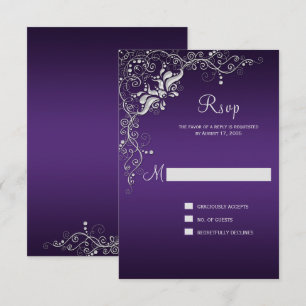 Dark Purple with Ornate Silver Floral Swirls RSVP Card