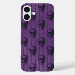 DARK PURPLE WITH SPOOKY BLACK HALLOWEEN SKULLS iPhone 16 PLUS CASE