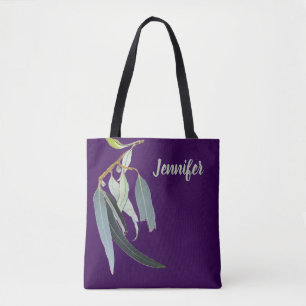 Dark Purple with Watercolor Leaves Named Tote Bag