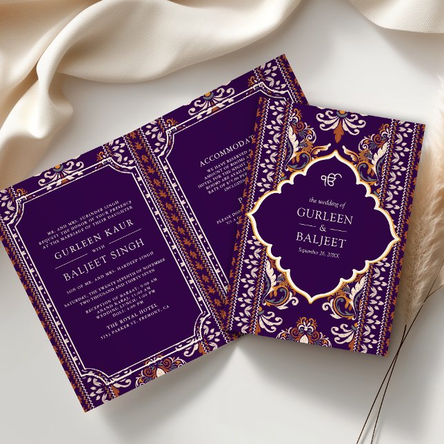 Dark Purple Yellow Ikat All in One Sikh Wedding Invitation (Creator Uploaded)
