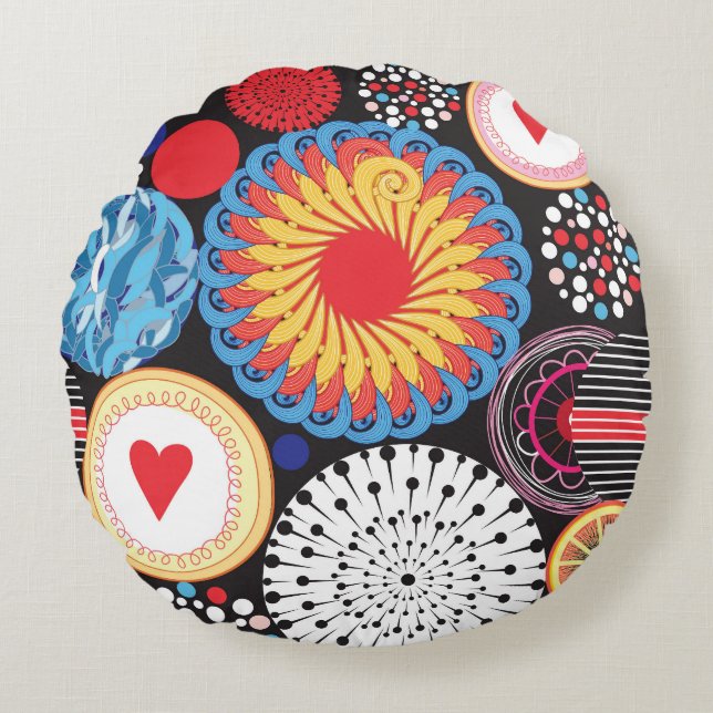 Dark Radiance: Bright Circular Pattern Round Cushion (Front)