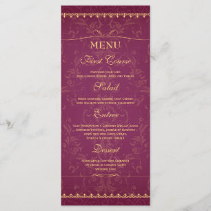 Dark raspberry and gold elegant wedding food menu