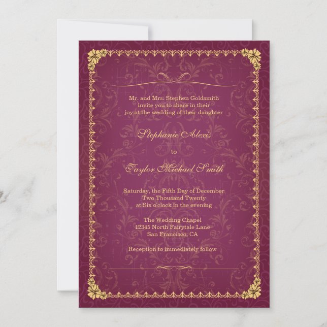 Dark raspberry and gold elegant wedding invitation (Front)