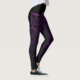 Dark Raspberry Faux Glitter Mandala on Black Leggings
